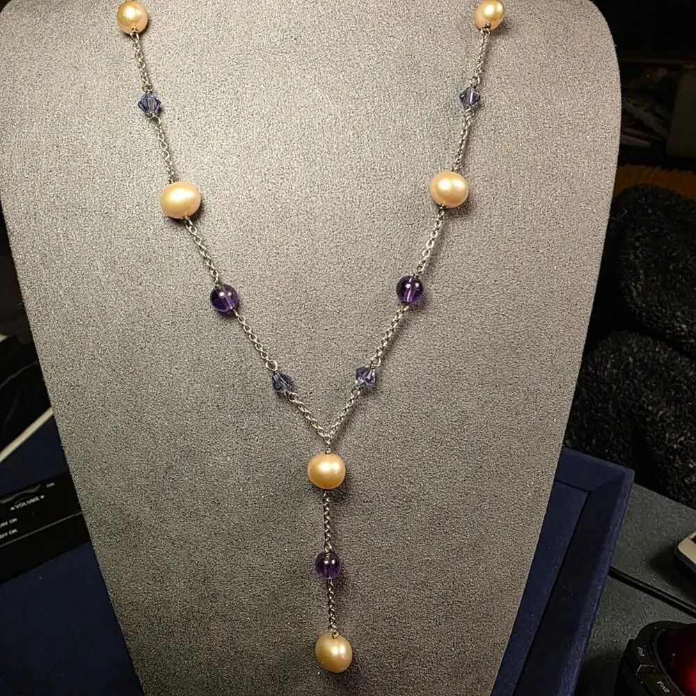 Danbury Mint 925 Sterling Silver Amethyst Freshwater Pearl Lariat Necklace 269